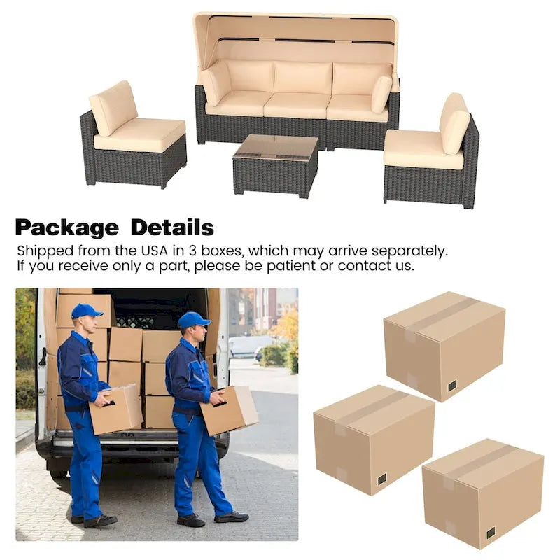 6-Piece Outdoor Patio Furniture Sets PE Rattan Daybed with Retractable Canopy