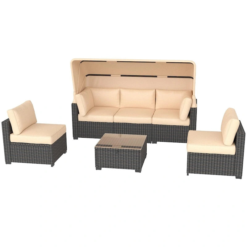 6-Piece Outdoor Patio Furniture Sets PE Rattan Daybed with Retractable Canopy