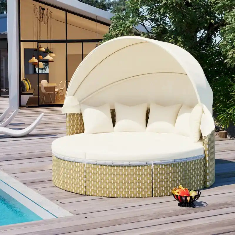 Outdoor Rattan Daybed Two-Tone Weave with Retractable Canopy and Removable Cushion