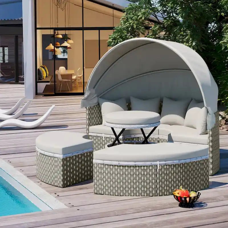 Outdoor Rattan Daybed Two-Tone Weave with Retractable Canopy and Removable Cushion
