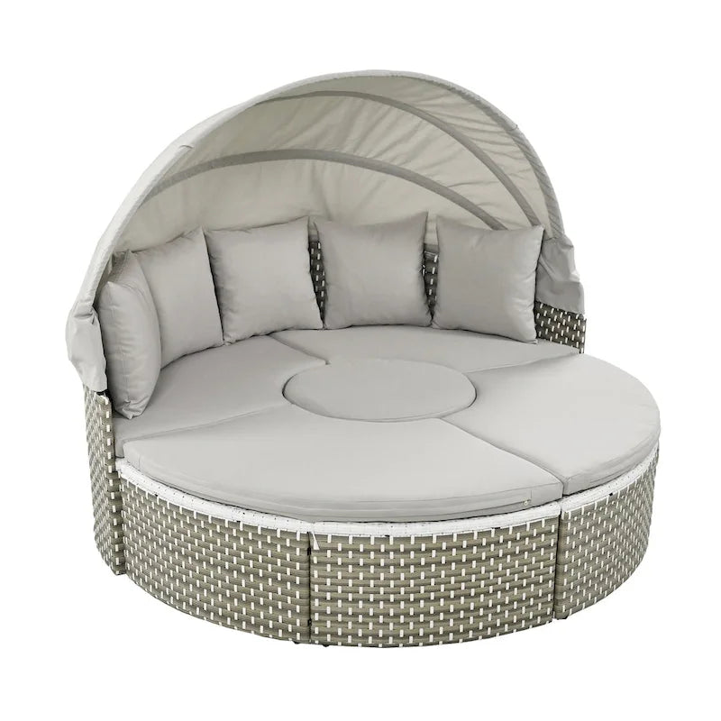 Outdoor Rattan Daybed Two-Tone Weave with Retractable Canopy and Removable Cushion