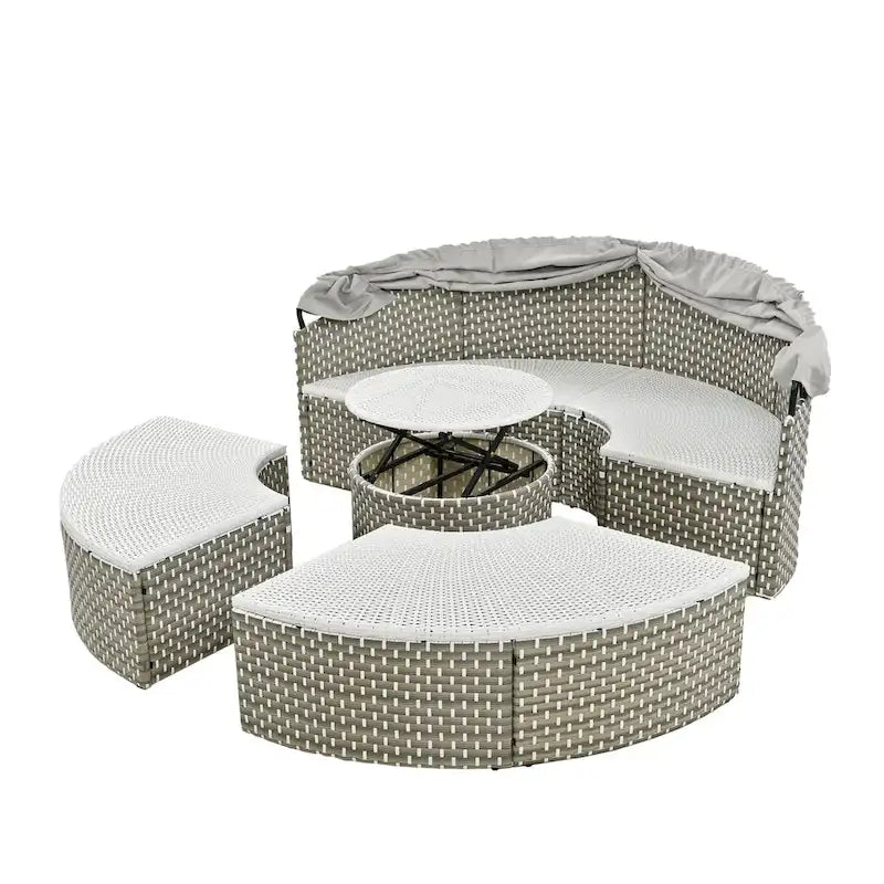 Outdoor Rattan Daybed Two-Tone Weave with Retractable Canopy and Removable Cushion
