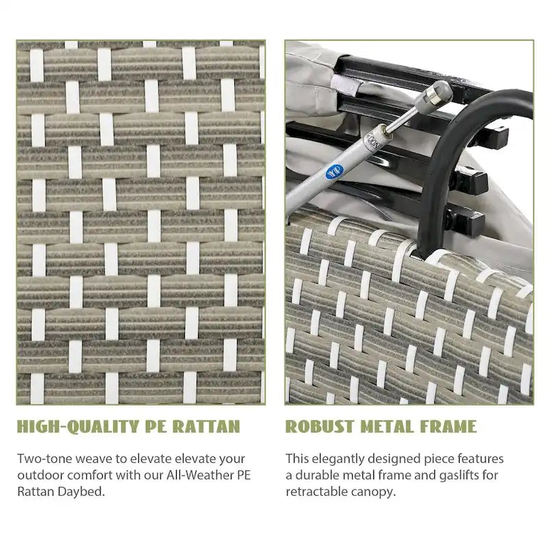 Outdoor Rattan Daybed Two-Tone Weave with Retractable Canopy and Removable Cushion