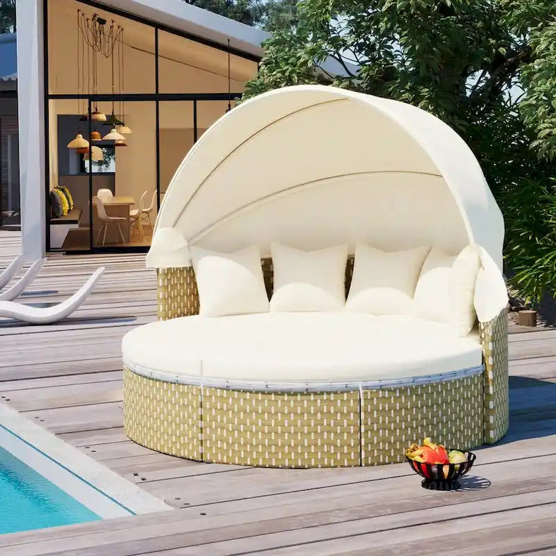 Outdoor Rattan Daybed Two-Tone Weave with Retractable Canopy and Removable Cushion