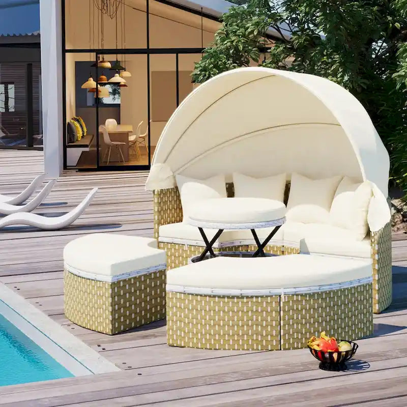 Outdoor Rattan Daybed Two-Tone Weave with Retractable Canopy and Removable Cushion
