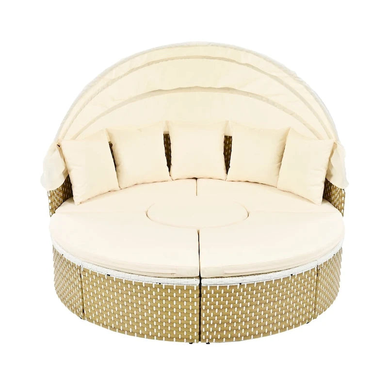 Outdoor Rattan Daybed Two-Tone Weave with Retractable Canopy and Removable Cushion