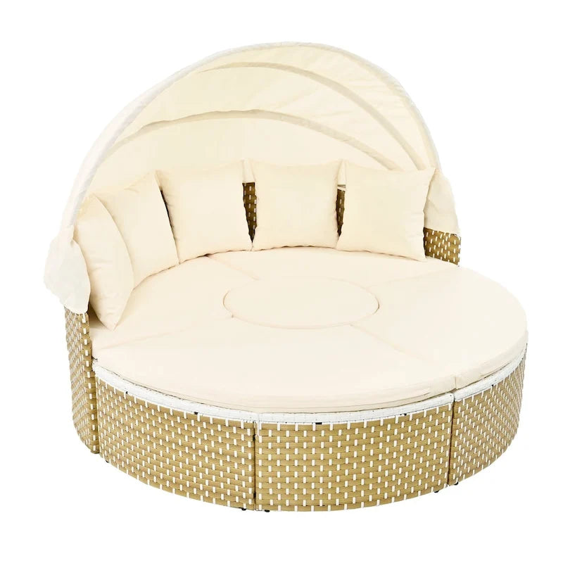 Outdoor Rattan Daybed Two-Tone Weave with Retractable Canopy and Removable Cushion