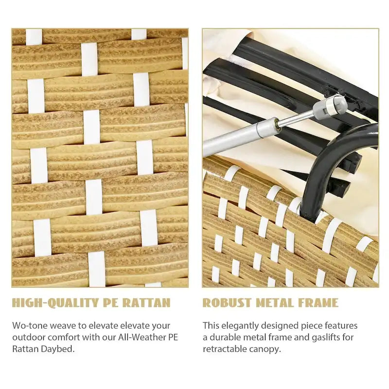Outdoor Rattan Daybed Two-Tone Weave with Retractable Canopy and Removable Cushion