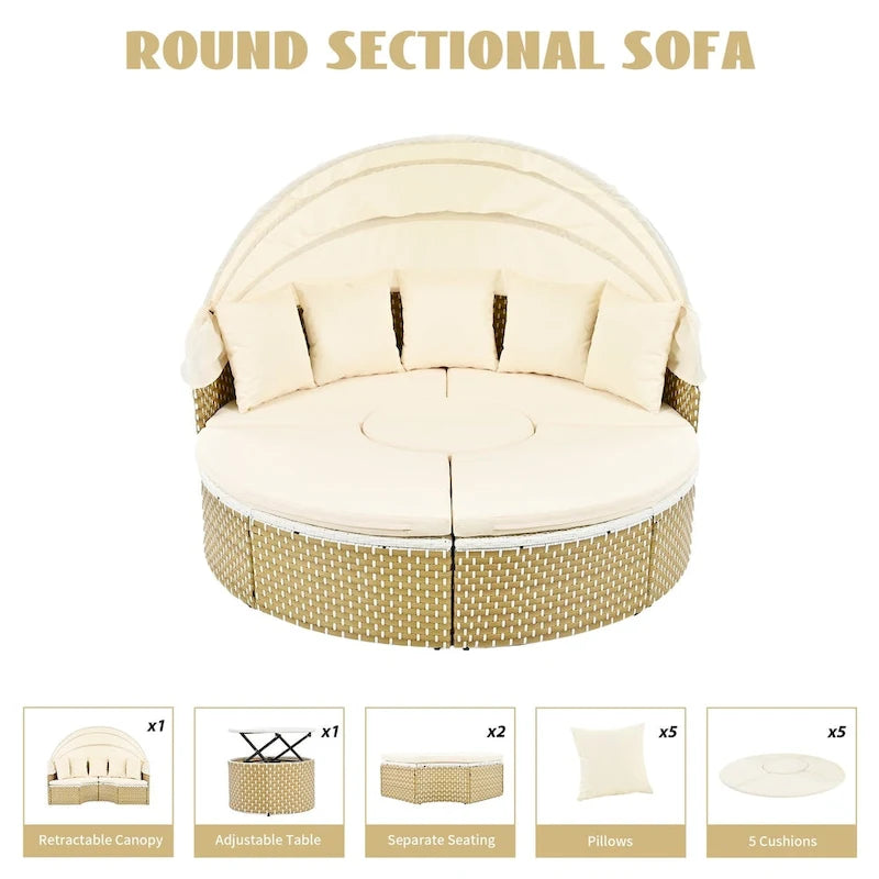 Outdoor Rattan Daybed Two-Tone Weave with Retractable Canopy and Removable Cushion