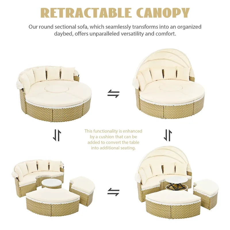 Outdoor Rattan Daybed Two-Tone Weave with Retractable Canopy and Removable Cushion