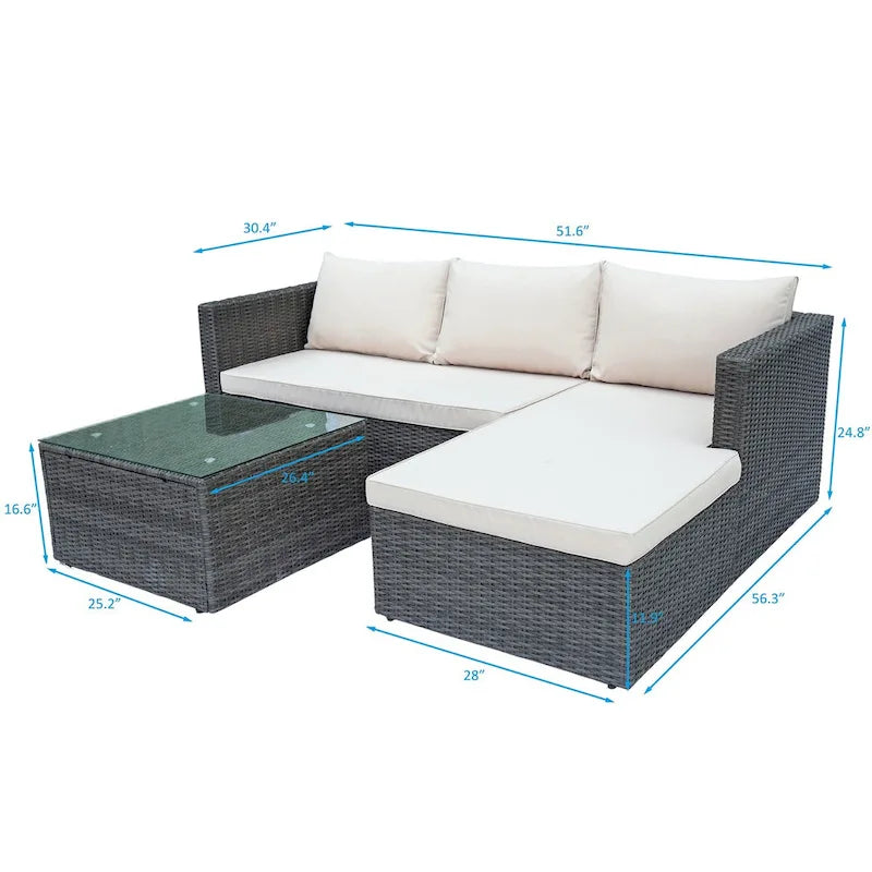 Maypex 3 PC Wicker Outdoor Corner Lounge Seating Set with Cushions