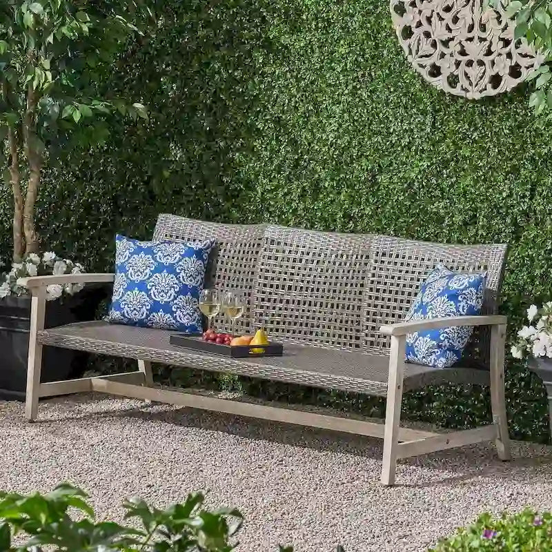 Patio Furniture Outdoor 3-Seater Sofa Wood and Wicker by Christopher Knight Home