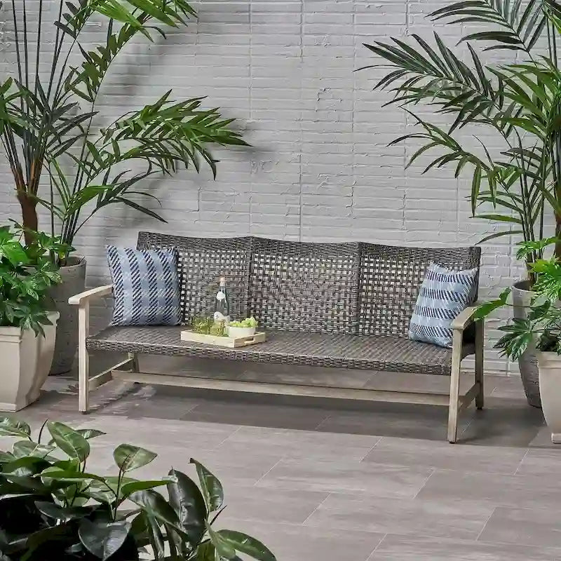 Patio Furniture Outdoor 3-Seater Sofa Wood and Wicker by Christopher Knight Home