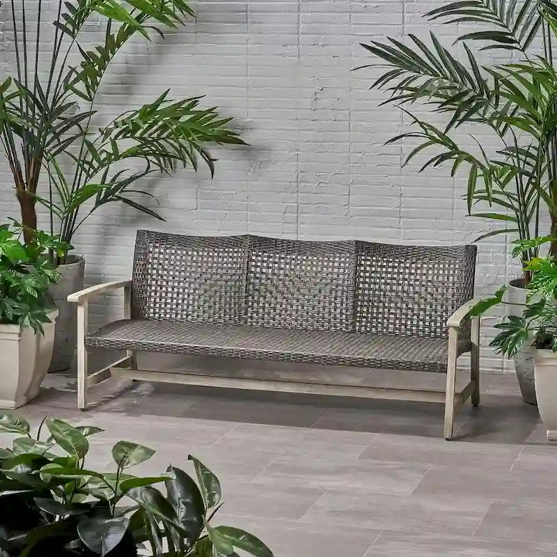 Patio Furniture Outdoor 3-Seater Sofa Wood and Wicker by Christopher Knight Home