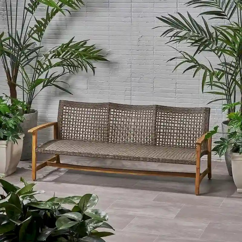 Patio Furniture Outdoor 3-Seater Sofa Wood and Wicker by Christopher Knight Home