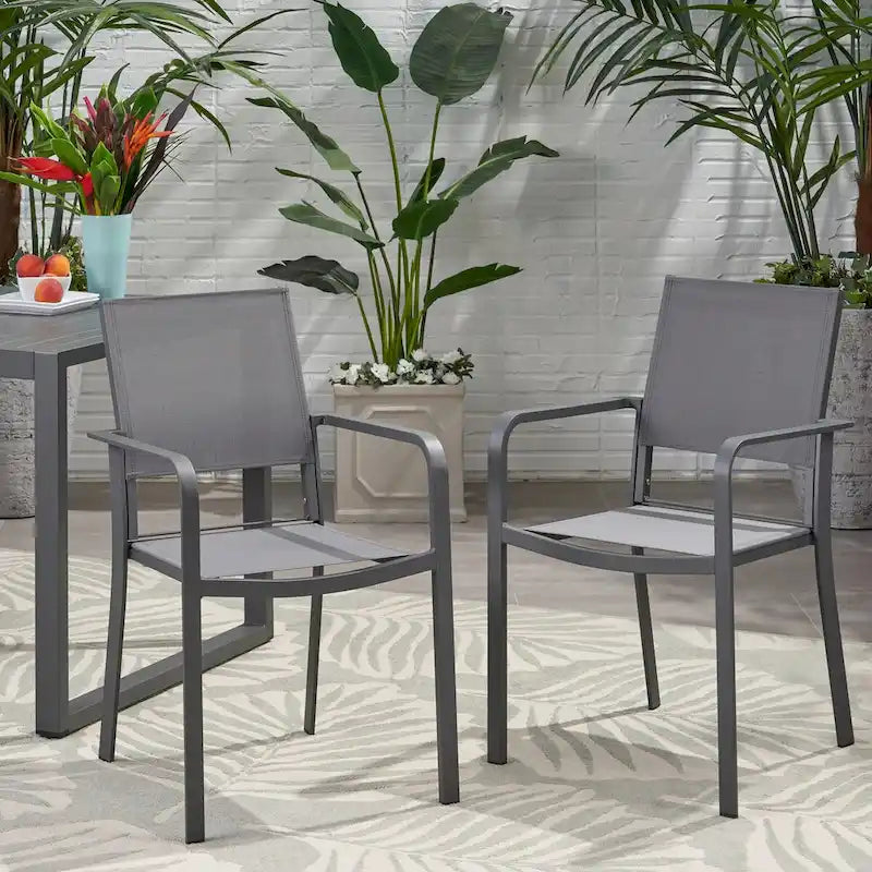 Outdoor Modern Aluminum Dining Chair with Mesh Seat (Set of 2), Gun Metal Gray and Dark Gray
