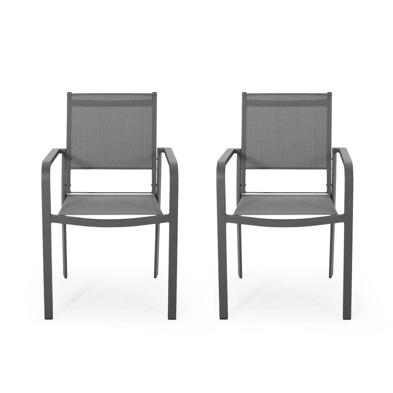 Outdoor Modern Aluminum Dining Chair with Mesh Seat (Set of 2), Gun Metal Gray and Dark Gray