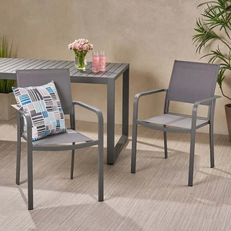 Outdoor Modern Aluminum Dining Chair with Mesh Seat (Set of 2), Gun Metal Gray and Dark Gray