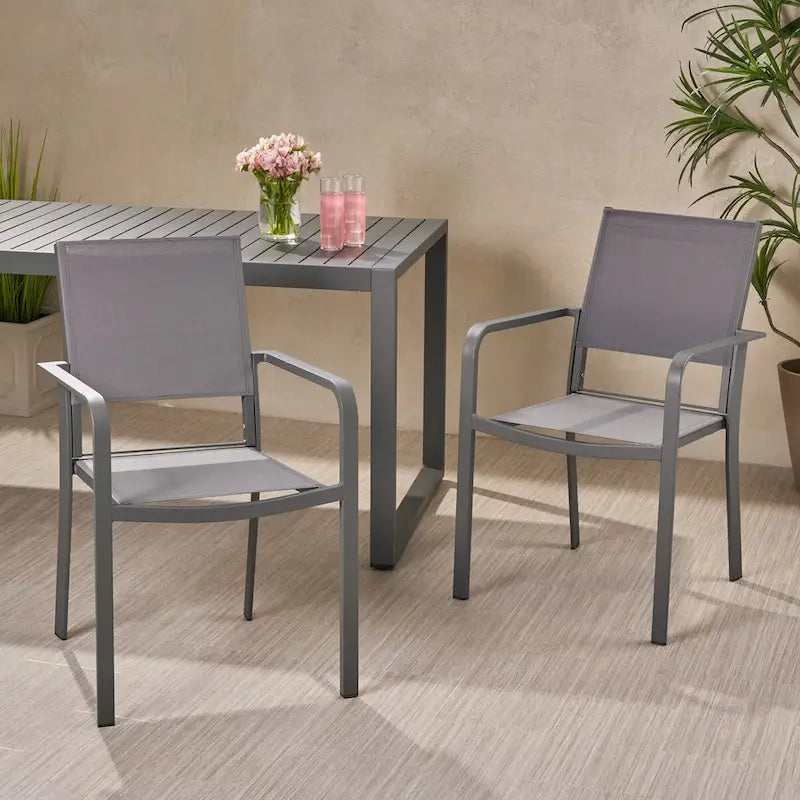Outdoor Modern Aluminum Dining Chair with Mesh Seat (Set of 2), Gun Metal Gray and Dark Gray