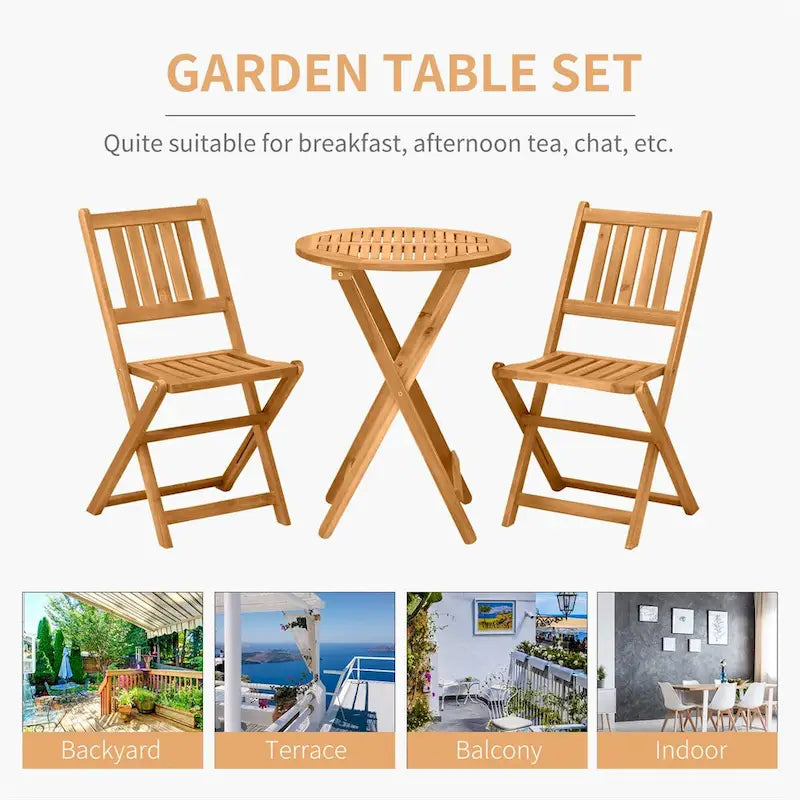 Outsunny Acacia Wood Bistro Set,2 Folding Chairs & Coffee Table,3 PCS
