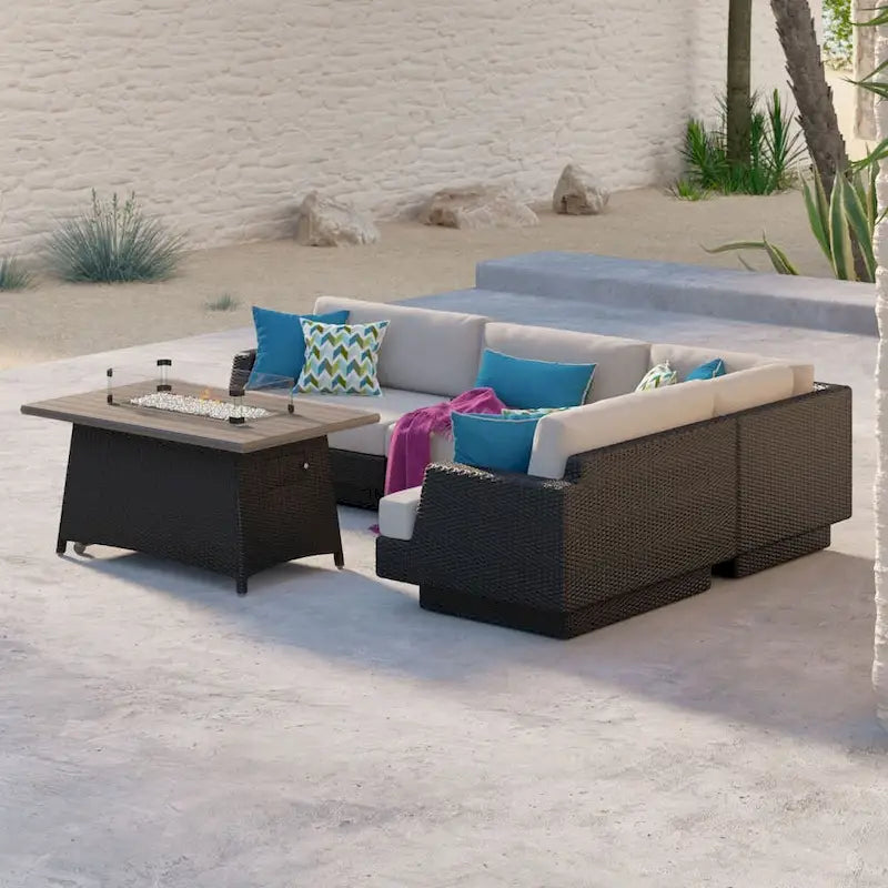 Portofino Comfort 5 Piece Sunbrella Outdoor Patio Sectional Fire Seating Set