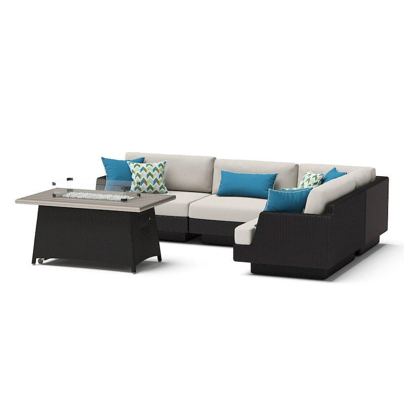 Portofino Comfort 5 Piece Sunbrella Outdoor Patio Sectional Fire Seating Set