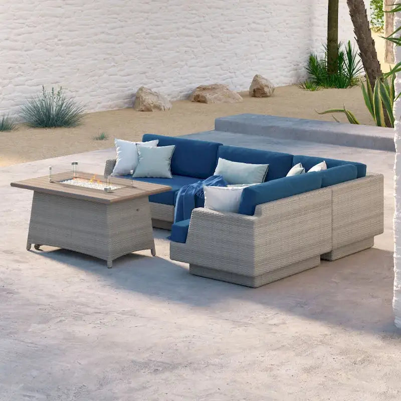 Portofino Comfort 5 Piece Sunbrella Outdoor Patio Sectional Fire Seating Set