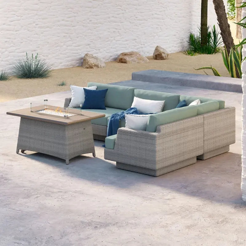 Portofino Comfort 5 Piece Sunbrella Outdoor Patio Sectional Fire Seating Set