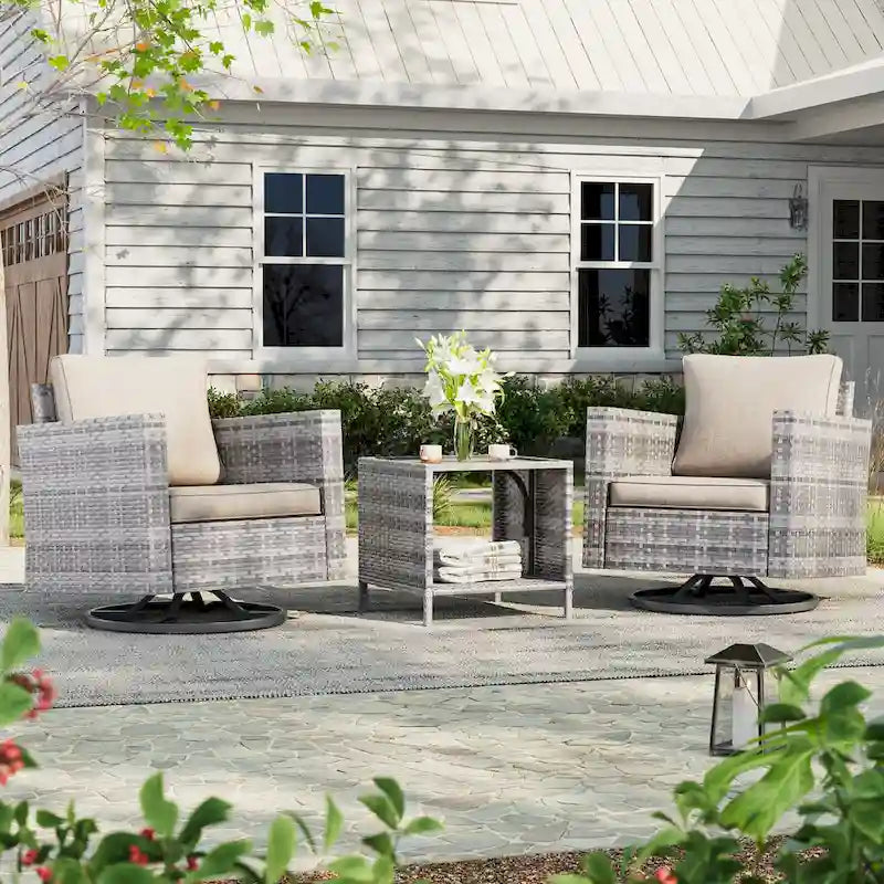 LIVOOSUN 3-Piece Patio Sofa Set Gray Rattan Swivel Rocking Chair Side Table