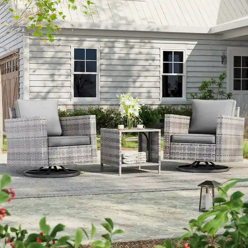 LIVOOSUN 3-Piece Patio Sofa Set Gray Rattan Swivel Rocking Chair Side Table