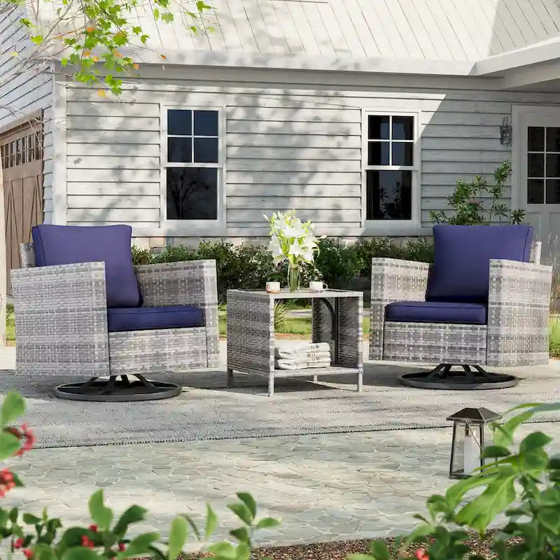 LIVOOSUN 3-Piece Patio Sofa Set Gray Rattan Swivel Rocking Chair Side Table
