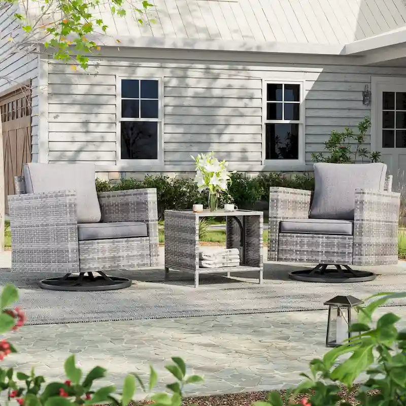 LIVOOSUN 3-Piece Patio Sofa Set Gray Rattan Swivel Rocking Chair Side Table