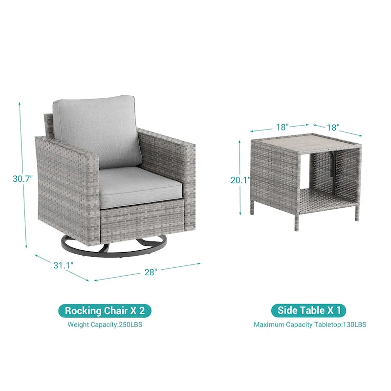 LIVOOSUN 3-Piece Patio Sofa Set Gray Rattan Swivel Rocking Chair Side Table