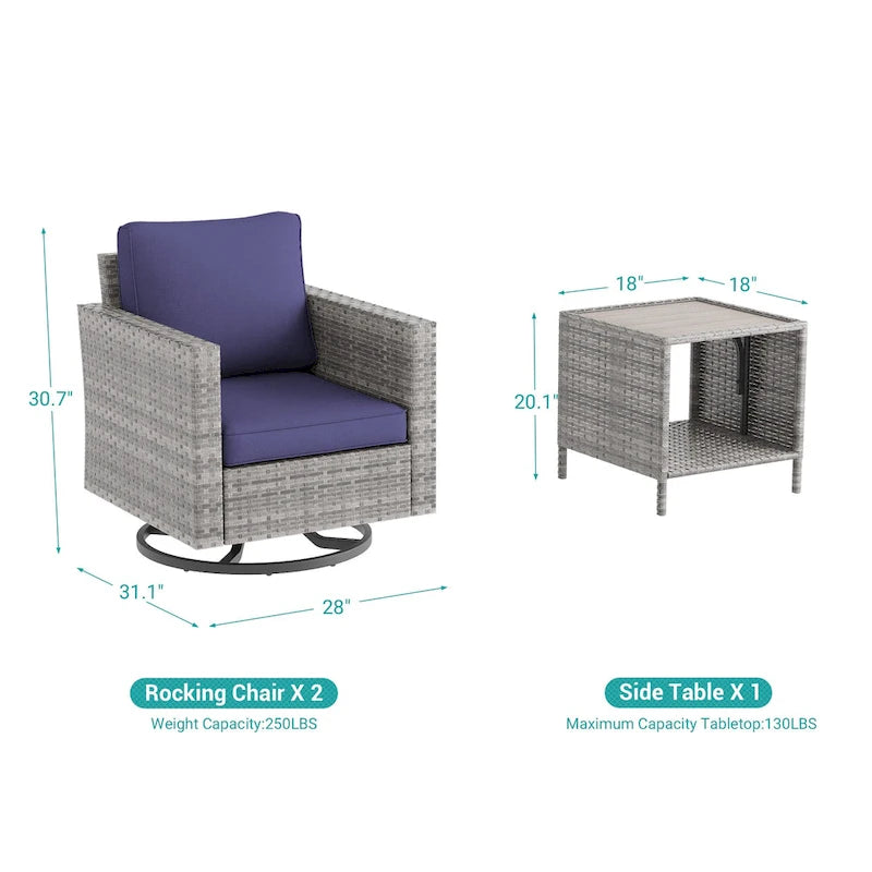 LIVOOSUN 3-Piece Patio Sofa Set Gray Rattan Swivel Rocking Chair Side Table