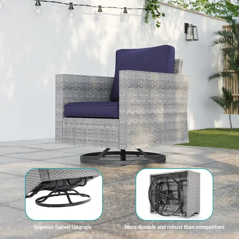 LIVOOSUN 3-Piece Patio Sofa Set Gray Rattan Swivel Rocking Chair Side Table
