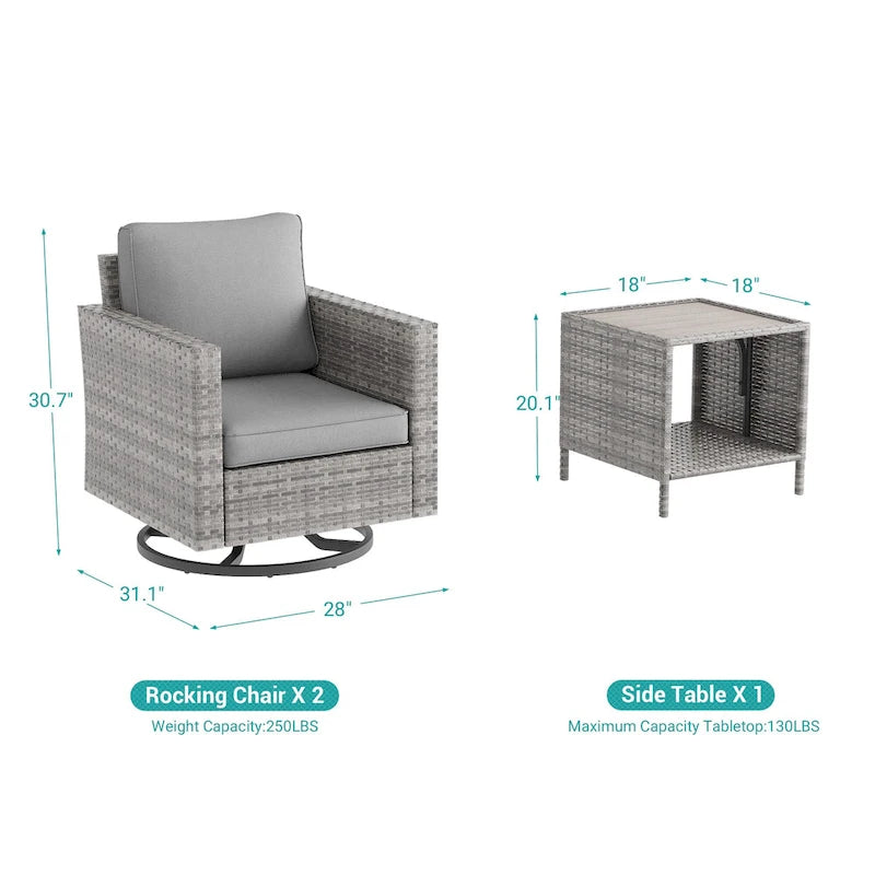 LIVOOSUN 3-Piece Patio Sofa Set Gray Rattan Swivel Rocking Chair Side Table