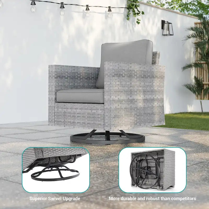 LIVOOSUN 3-Piece Patio Sofa Set Gray Rattan Swivel Rocking Chair Side Table