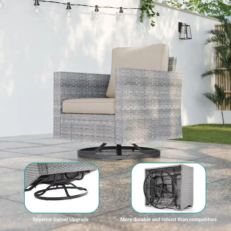 LIVOOSUN 3-Piece Patio Sofa Set Gray Rattan Swivel Rocking Chair Side Table