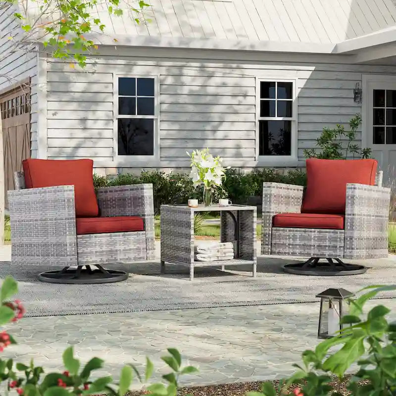 LIVOOSUN 3-Piece Patio Sofa Set Gray Rattan Swivel Rocking Chair Side Table