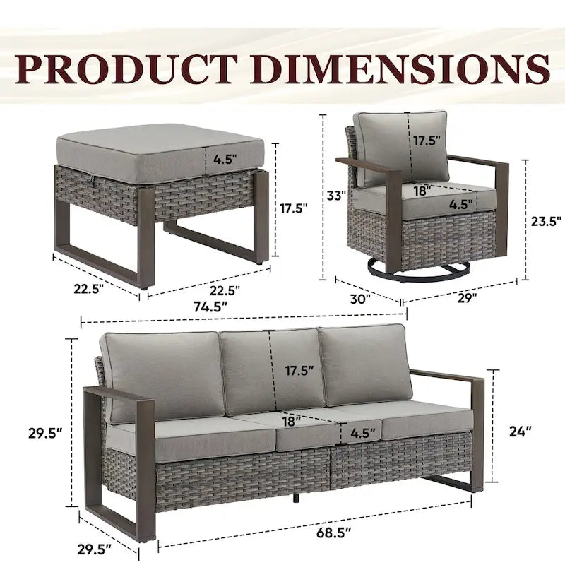 Gymojoy PE Rattan Swivel Rocking Chairs with Sofa - Grey