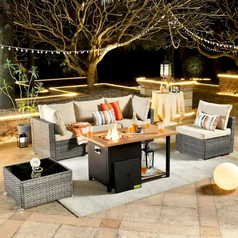 HOOOWOOO 4 Seater Grey Rattan Outdoor Furniture Fire Pit Set