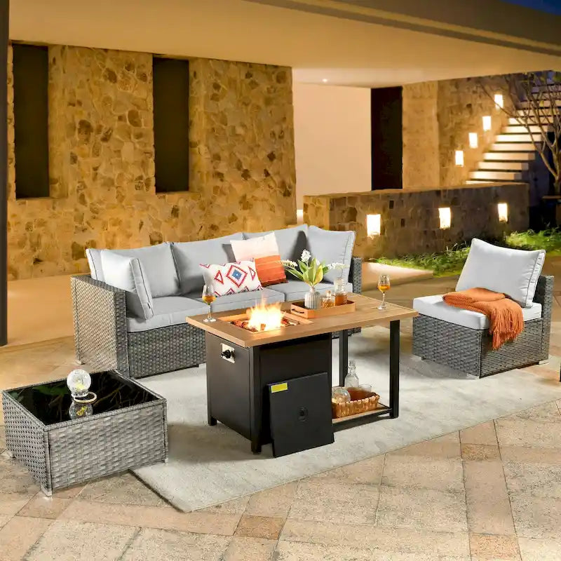 HOOOWOOO 4 Seater Grey Rattan Outdoor Furniture Fire Pit Set