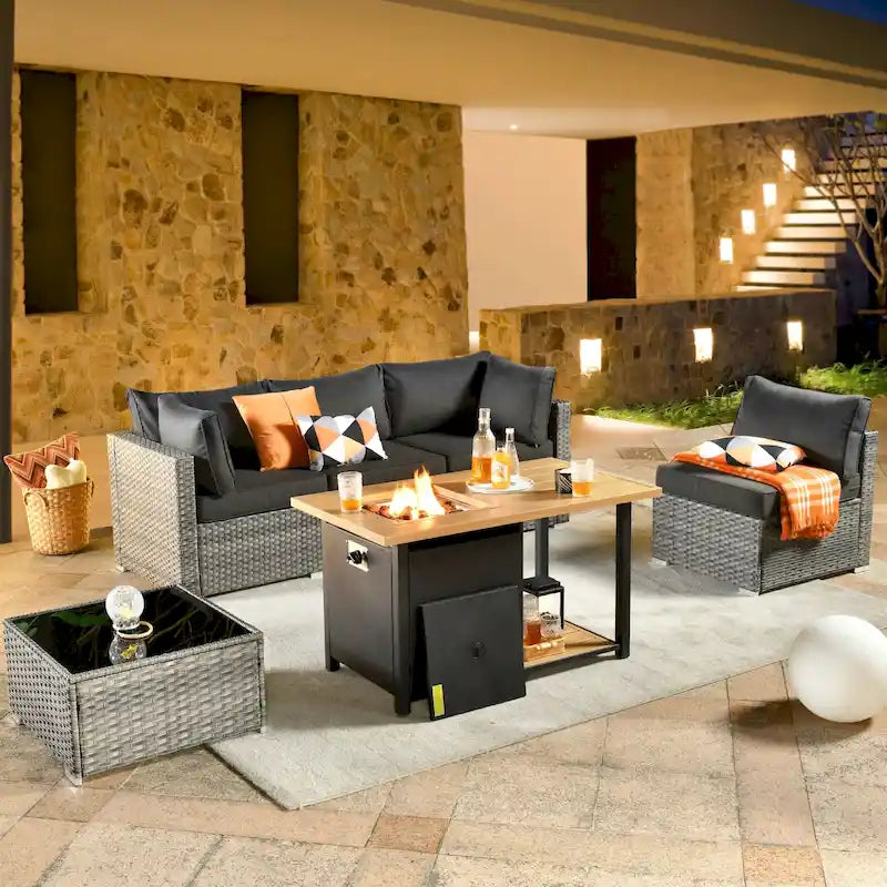 HOOOWOOO 4 Seater Grey Rattan Outdoor Furniture Fire Pit Set