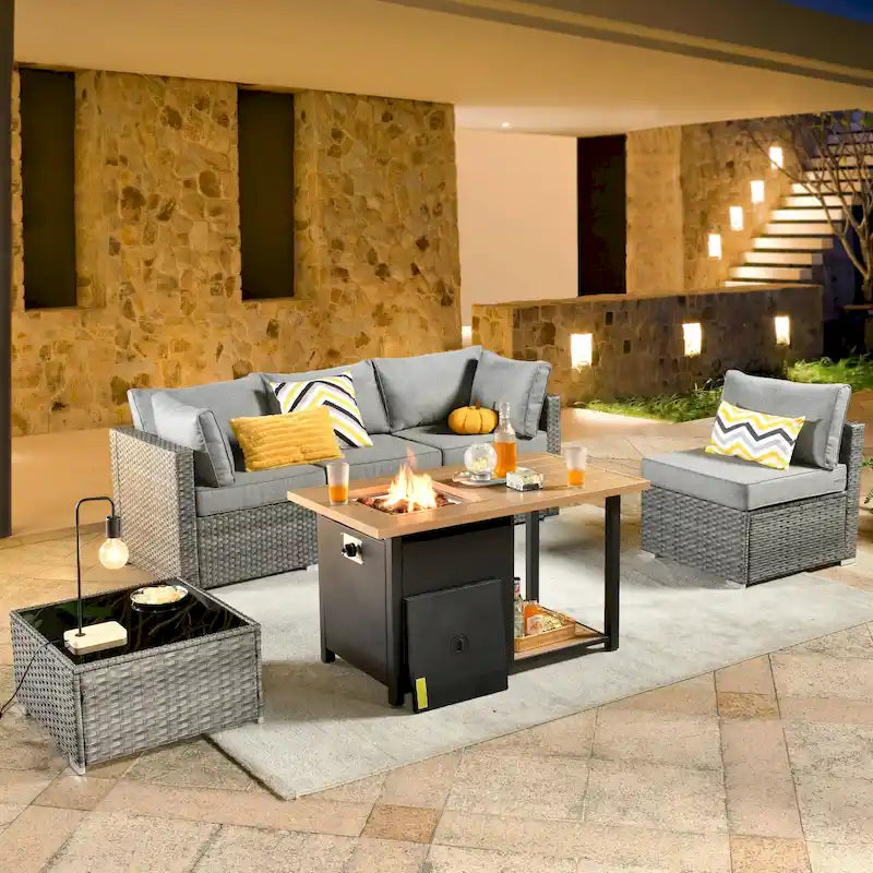 HOOOWOOO 4 Seater Grey Rattan Outdoor Furniture Fire Pit Set