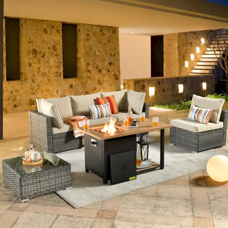 HOOOWOOO 4 Seater Grey Rattan Outdoor Furniture Fire Pit Set
