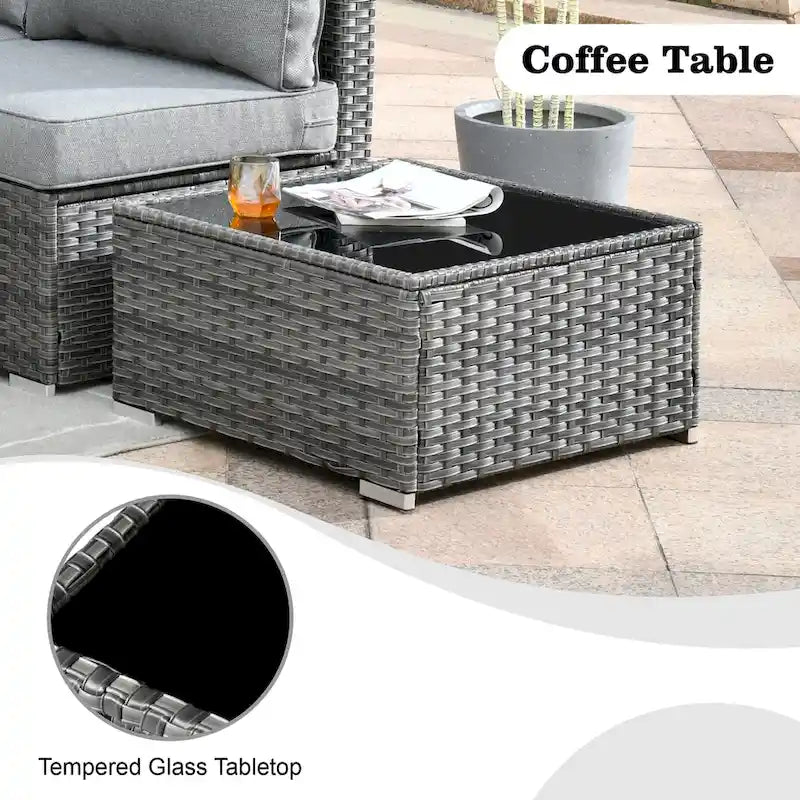 HOOOWOOO 4 Seater Grey Rattan Outdoor Furniture Fire Pit Set