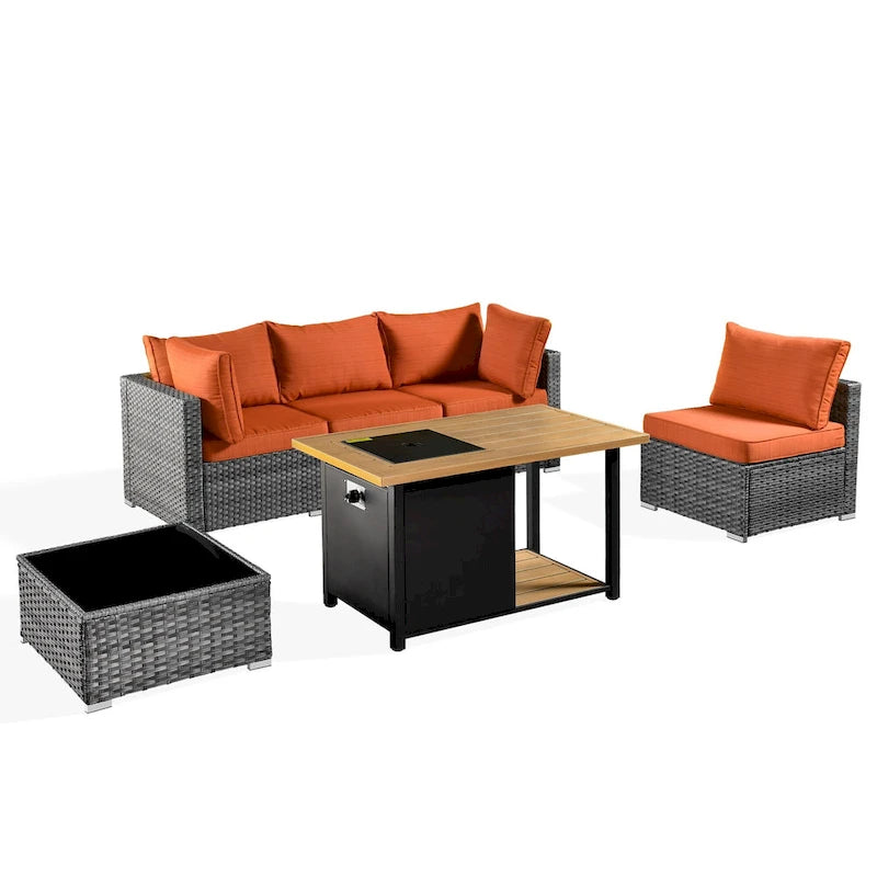 HOOOWOOO 4 Seater Grey Rattan Outdoor Furniture Fire Pit Set