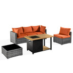 HOOOWOOO 4 Seater Grey Rattan Outdoor Furniture Fire Pit Set