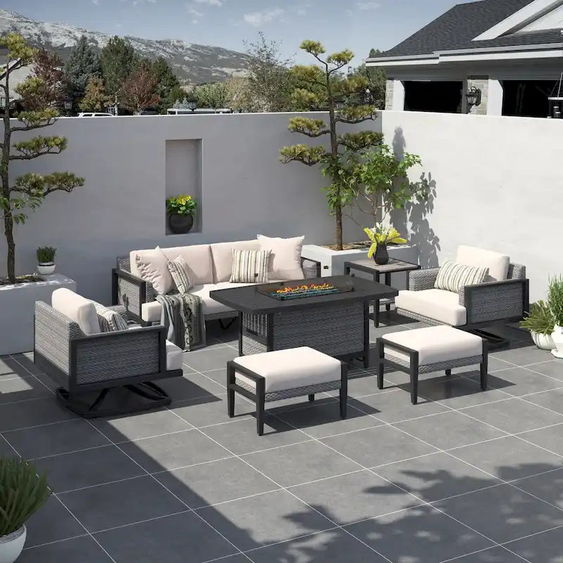 Vistano 7 Piece Sunbrella Outdoor Patio Motion Fire Seating Set - Gray