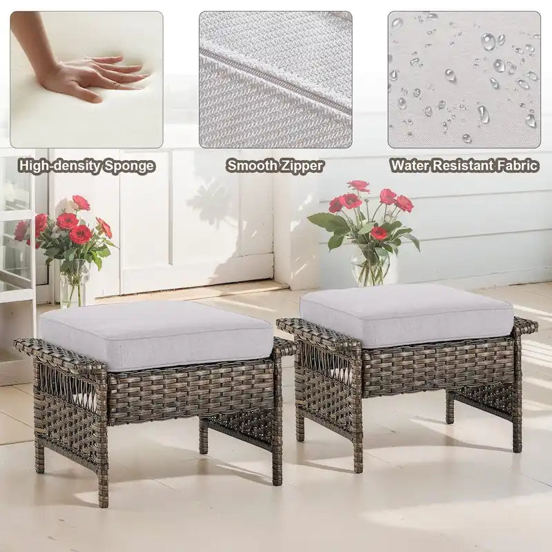 Gymojoy 2PCS Patio Rattan Ottoman Cushioned Seat - Brown